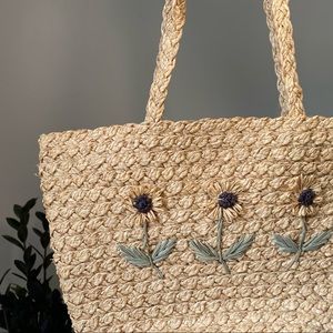 Floral Embroidered Straw Tote Bag